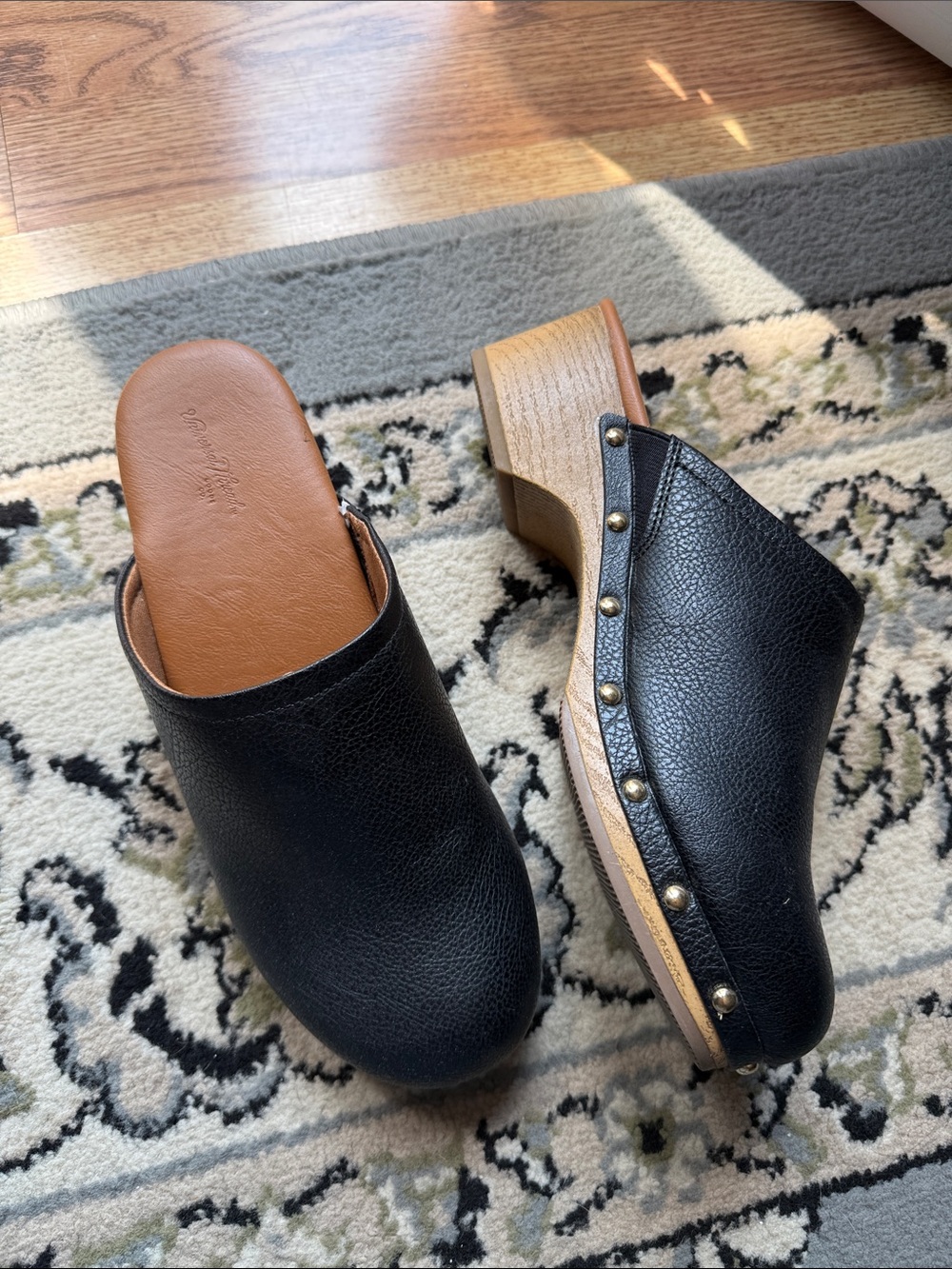 Black Leather Studded Clog Mules